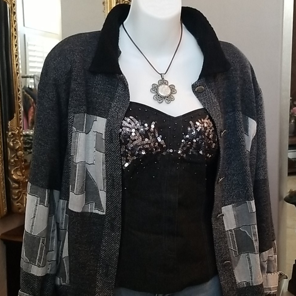 Designer Peter Popovitch Grey Patchwork Jacket - image 1